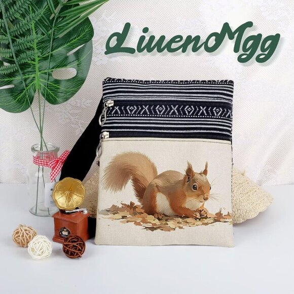 Squirrel Crossbody Bag Small Ethnic Pattern Adjustable Strap Zipper Bag - Picture 5 of 7